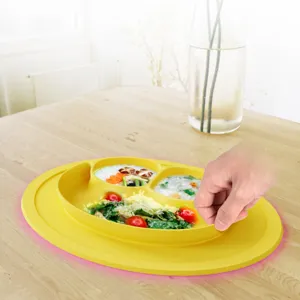 Silicone baby suction divided plate detail, anti-slip toddlers feeding tableware with strong base.