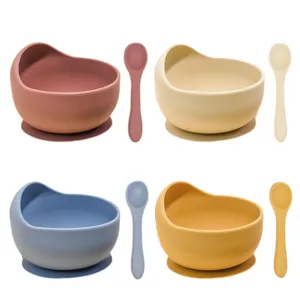 Baby silicone suction bowl and spoon set, toddler feeding snail bowl with anti-slip base.
