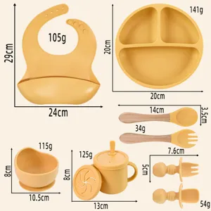 Silicone baby feeding set with divided plate bowl cup bib and spoons for toddlers.