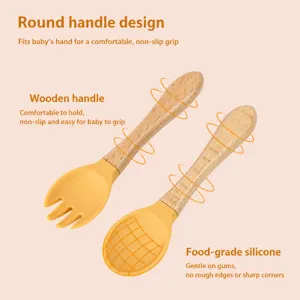 Baby Silikon Holzgriff Löffel und Gabel Set, Kleinkind Trainingsgeschirr mit ergonomischem Griff.