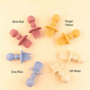 Silicone baby training spoon and fork set, safe toddler feeding utensils, multi-color.
