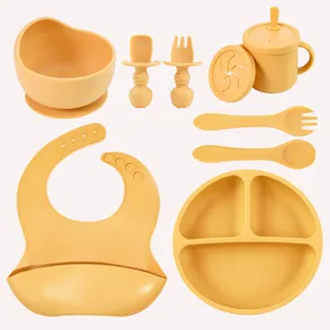Ensemble de Repas en Silicone pour Bébé Assiette Divisée Bavoir Tasse Set de Vaisselle pour Tout-Petits