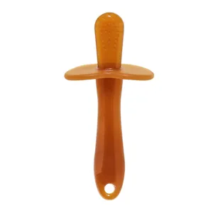 Clear silicone baby teething toy with safety guard, soothing molar stick for infants.