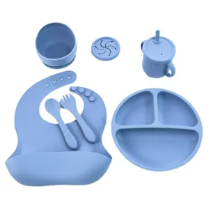 Kit de repas bébé en silicone assiette compartimentée bol tasse bavoir cuillère fourchette