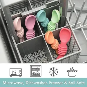 Baby silicone training spoon set for infant feeding, dishwasher and microwave safe colorful tools.