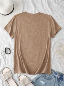 Brown plain short sleeve t-shirt detail view, casual crewneck basic top for daily wear.