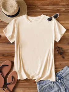Plain casual round neck short sleeve T-shirt for daily wear, comfortable solid color basic top.