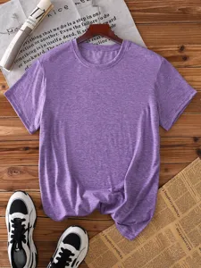 Detail view of casual purple melange short sleeve crew neck t-shirt, solid color top.