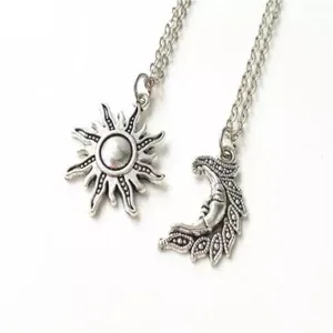 Vintage silver sun and moon pendant necklace set, boho aesthetic matching couple jewelry.
