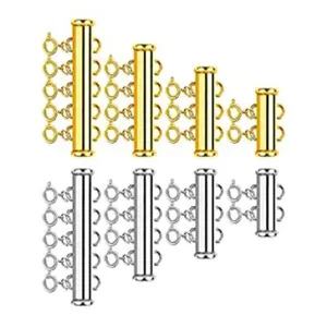 Detailed view of multi-strand magnetic necklace clasps in gold and silver metal finishes.