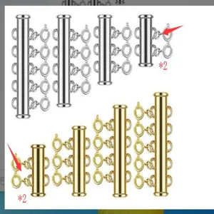 Multi-strand necklace clasp detail, metal tube connector and spring ring locks for DIY jewelry.