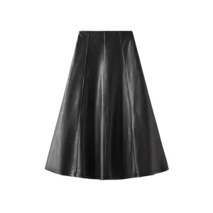 Black faux leather A-line midi skirt detail, high waist paneling design and flared hemline.
