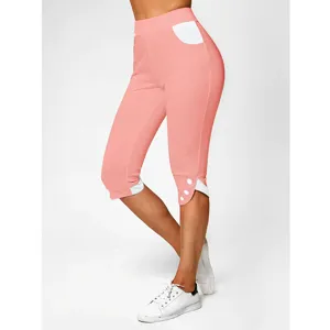 Pantalon corsaire rose taille haute femme decontracte poches contrastées blanches principal.