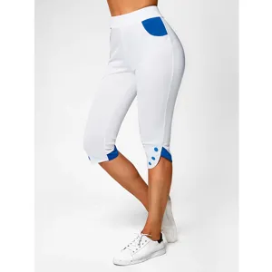 Femme taille haute pantalon corsaire épissé couleur contrastée décontracté slim blanc