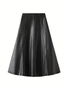 Women High Waist Mid Length A-Line PU Leather Skirt Elegant Black Solid Casual Pleated Umbrella Skirt Fashion Commute Bottoms