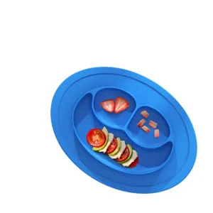 Blue silicone baby suction plate with divided compartments for toddlers feeding, anti-drop tray.