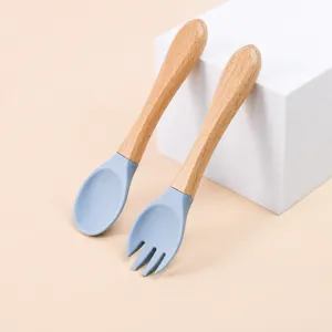 Baby Silikon Gabel und Löffel Set Kleinkind Selbstfüttern Training Geschirr Kleinkind Ergonomisches Besteck Mit Holzgriff Geschenk