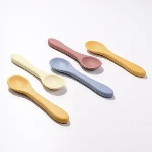 Silicone baby feeding spoon long handle infant tableware training spoon set pastel colors main view