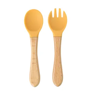 Baby Silikon Löffel und Gabel Set mit Holzgriff für Kleinkinder sichere Ernährung Geschirr