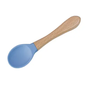 Silicone baby feeding spoon with wooden handle training cutlery for infants and toddlers main