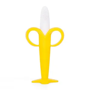 Silicone baby banana teether toy with handles soft teething brush for infants and toddlers