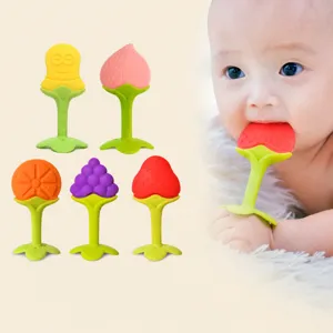 Silicone baby teether set, food-grade safe, soft fruit teething toys for infants oral stage.