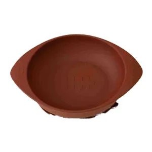 Baby silicone suction bowl, cute brown toddler feeding tableware with double handles.