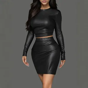 Black faux leather long sleeve crop top and skirt two piece set detail view for women fashion.