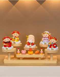 Creative multi-layer wooden display stand with cute cartoon god figurines for home office decor