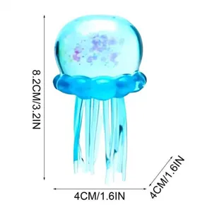 Close-up view of translucent blue jellyfish squeeze toy showing precise size dimensions.