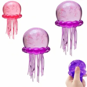 Close-up details of glitter jellyfish squeeze toys, slow rebound silicone stress relief sensory toys.