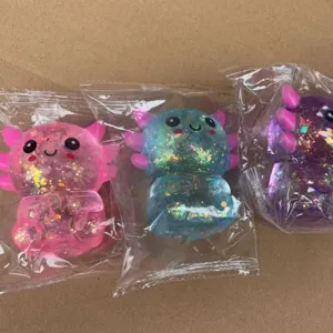 Cute axolotl squishy toy slow rebound stress relief sensory toy glitter transparent bag main