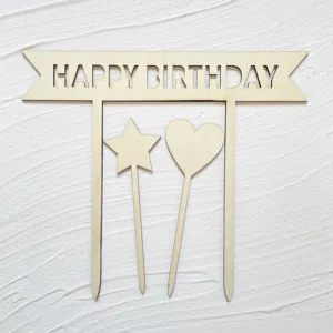Wooden Happy Birthday Cake Topper Star Heart Cake Insert Party Decor Supplies