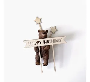 Wooden bear cake topper detail, forest style birthday party dessert decoration sign.