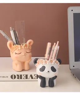 Cute cartoon animal pen holder and succulent flower pot, creative desk storage decoration.