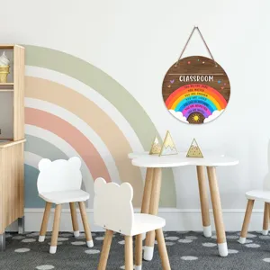 Wooden classroom hanging sign with rainbow design, perfect for school decoration and teacher gifts.