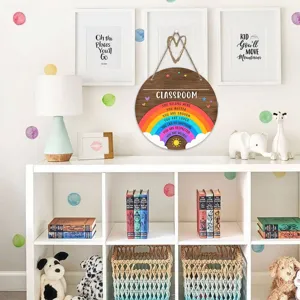Wooden classroom door sign hanging rainbow motivational quotes teacher welcome plaque decor