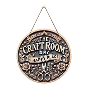 Wooden round craft room hanging sign wall decor with engraved flowers and scissors detail.