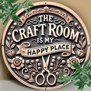 Close-up detail of the wooden craft room sign, showing embossed lettering and carved decor.