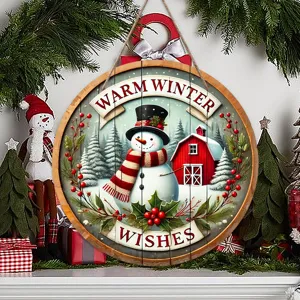 Wooden Christmas door hanging sign round rustic holiday wall decor with snowman pattern