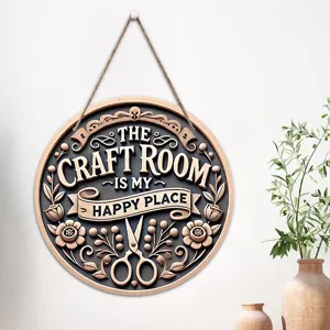 Wooden round hanging sign with carved text and floral pattern for home wall decor.