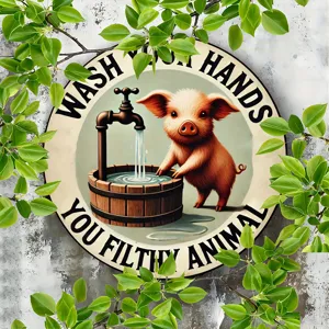 Rundes Holzschild im Vintage-Stil mit niedlichem Schweine-Motiv, rustikale Wanddeko für Bad.