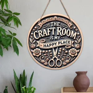 Round wooden hanging sign plaque with craft room quote wall decor for home bedroom
