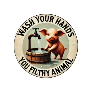 Rustikales Holzschild mit süßem Schwein Händewaschen Design, runde Wandplakette für Dekoration
