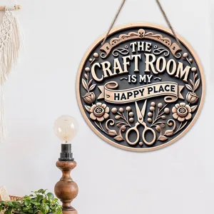 Round wooden hanging sign for craft room decor, rustic wall plaque with engraved inspirational quote.
