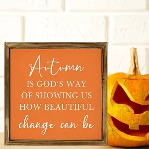 Wooden autumn decorative sign with inspirational holiday quote for Thanksgiving and Halloween home decor