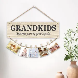 Wooden hanging photo display sign with clips, perfect grandparent gift and home wall decor.
