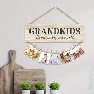 Wooden photo clip hanging sign, grandkids picture frame wall decor for home family memories.