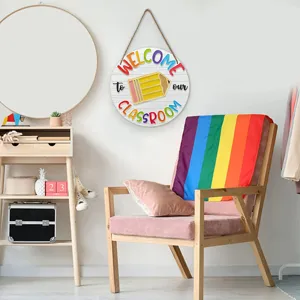 Wooden classroom welcome hanging sign with colorful lettering and pencil design for wall decor.