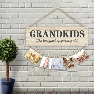 Wooden grandkids photo hanging sign with clips, rustic wall decor for family memories.